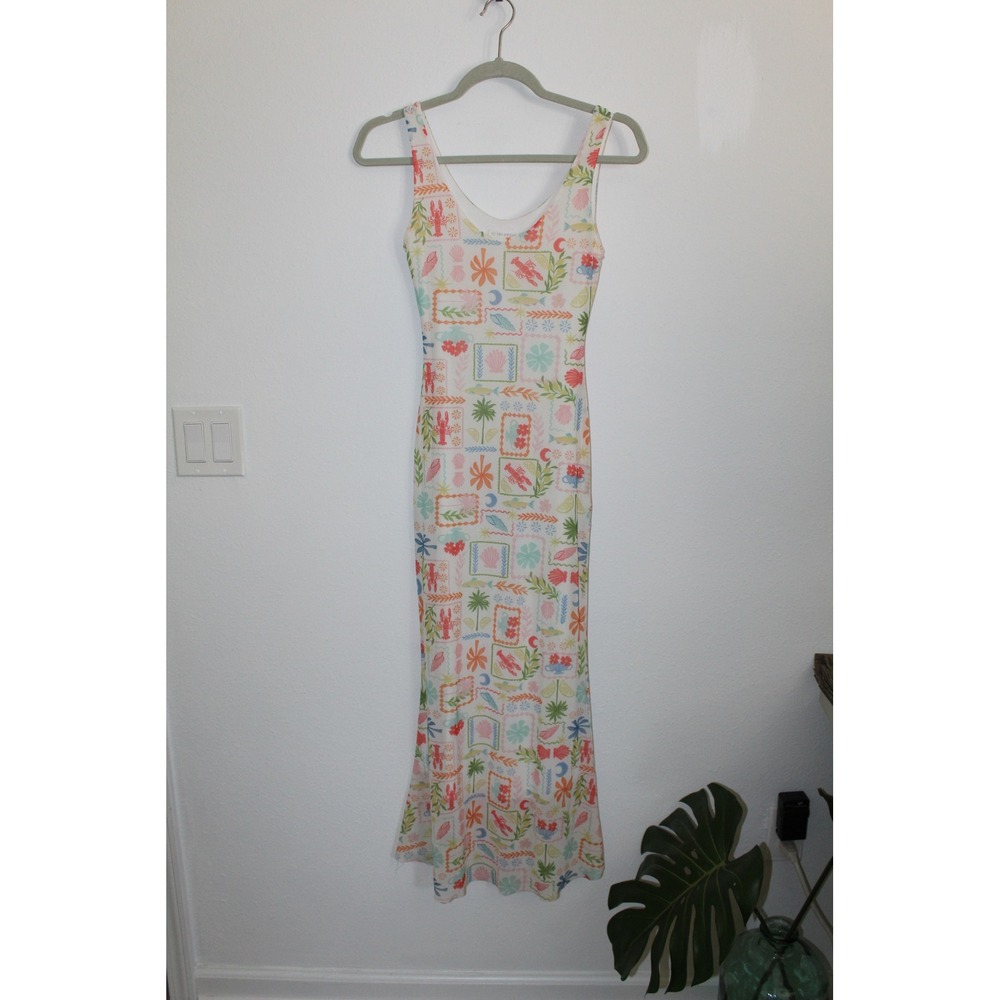 See You Monday Mesh Maxi Dress XS White Coastal Lobster Shell Stamp Bodycon